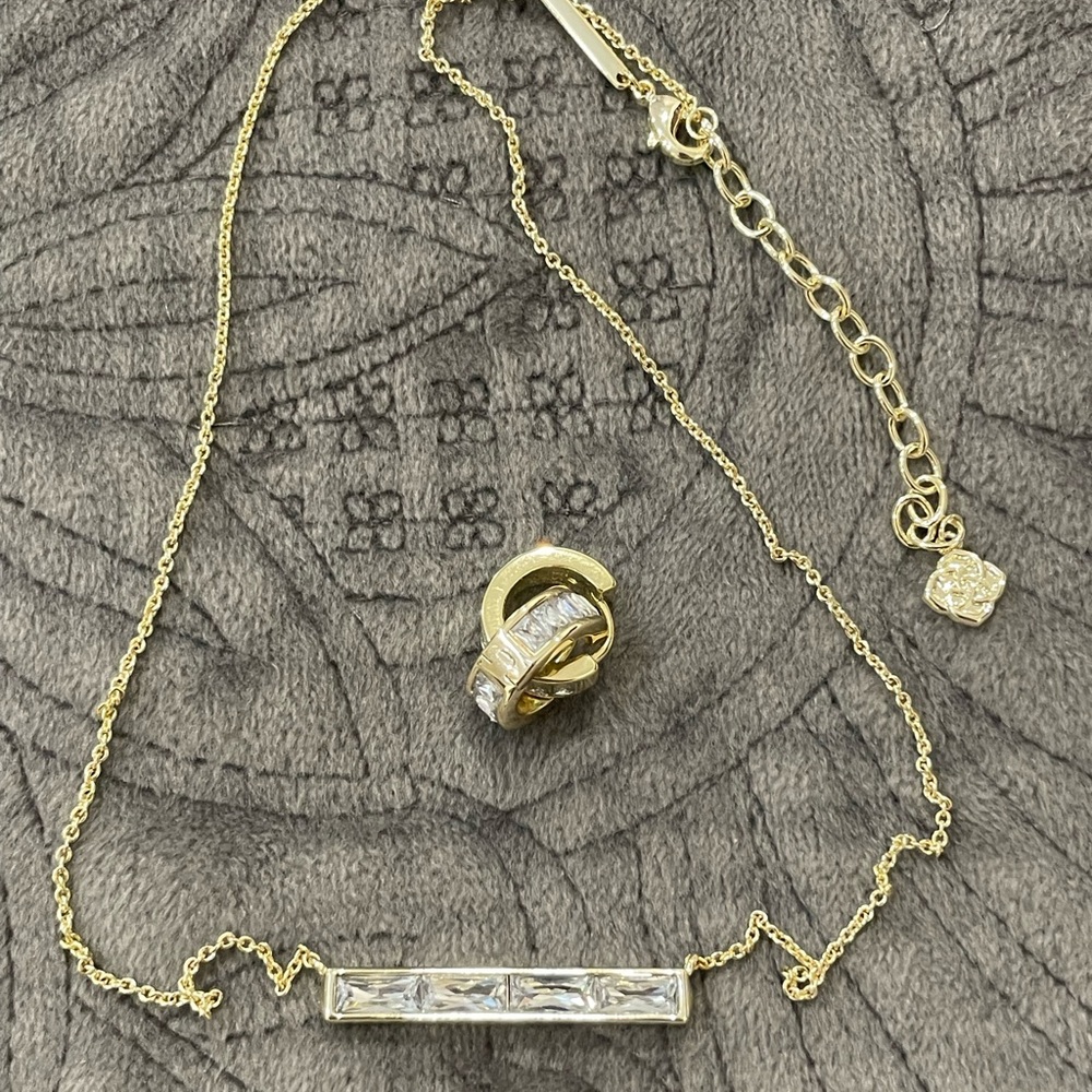 NWOT Kendra Scott Jack Necklace & Huggie Earrings Gold with Clear Crystals Set